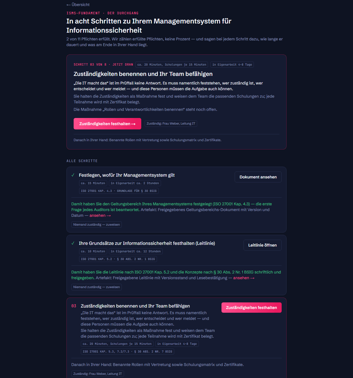 Ein Schritt des geführten Durchgangs mit Zeitschätzung und Vergleichszeit